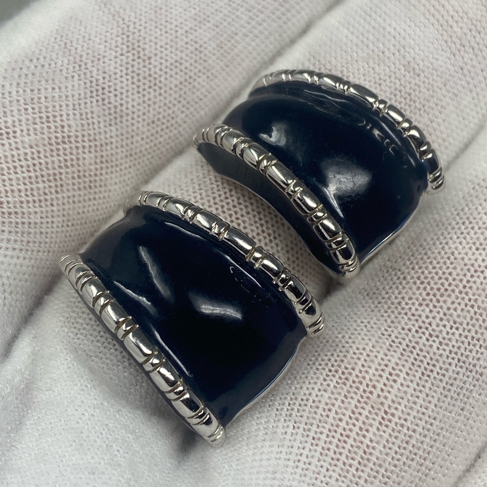 St. John Vintage Black Half Hoop Silver  Clip On Earrings - Picture 9 of 15